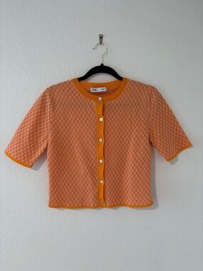 Zara Orange Pink Check Short-Sleeve Cardigan